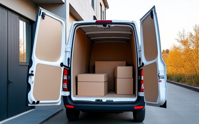 Varebil med åpen bakluke, klar for å ta imot flyttegods