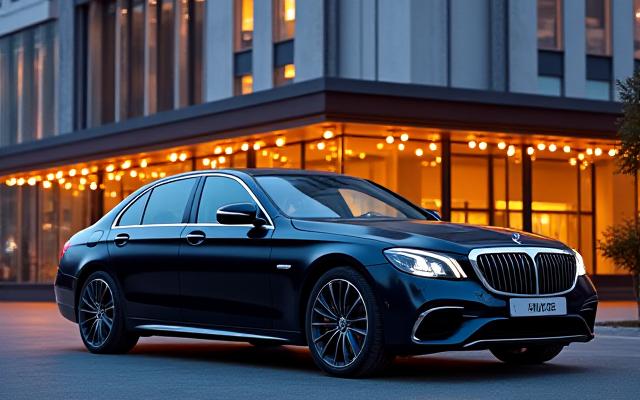 Elegant sort premium bil parkert foran et fest lokale