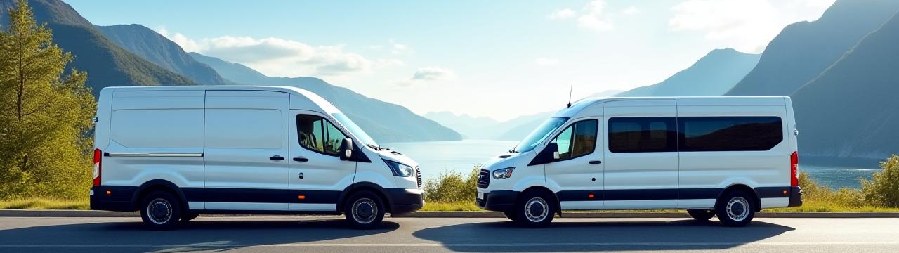En moderne varebil og en romslig minibuss på en vey i norsk natur