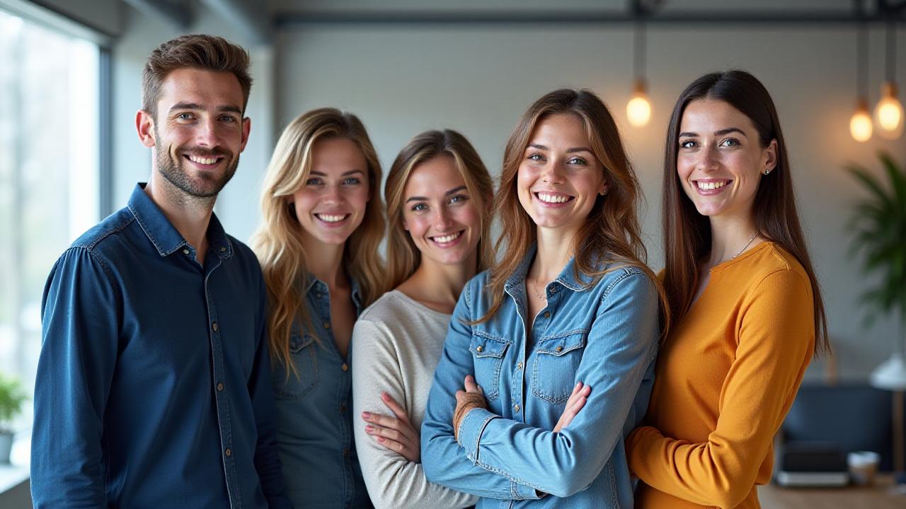 Teamet bak NorgesLeiebil ønsker deg velkommen med et smil, bakgrunn av moderne kontormiljø.