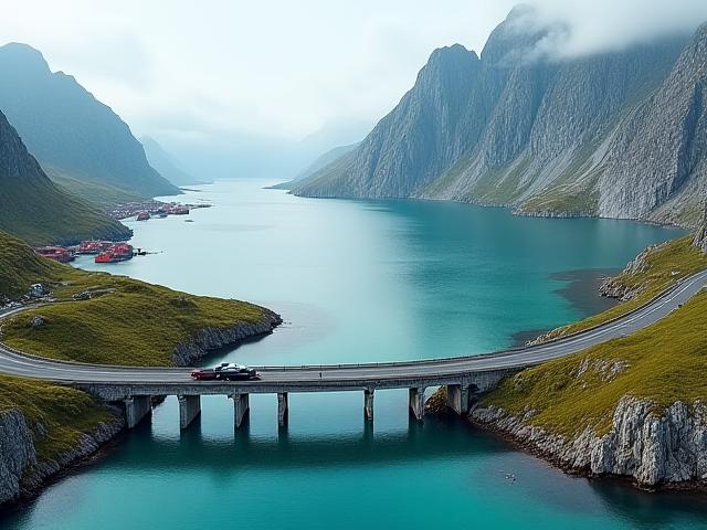 Biler på en bro i Lofoten, med spisse fjell og krystallklart vann
